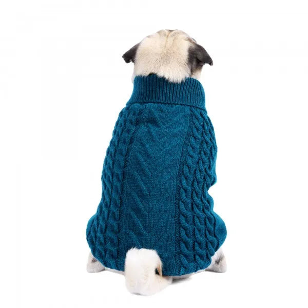 Chunky Cable and Herringbone Knit Dog Jumper In Teal Poochie Fashion