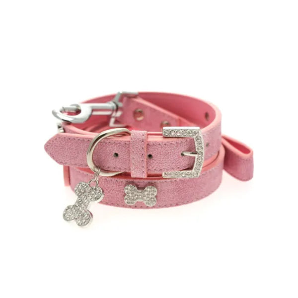 Pink Plain Leather Diamante Bones Dog Collar And Lead Set Poochie Fashion