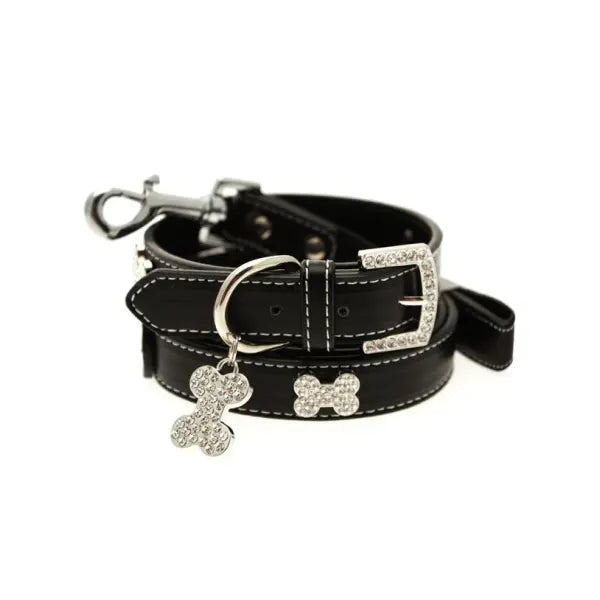 Black Leather Diamante Bones Dog Collar And Lead Set - Urban 1