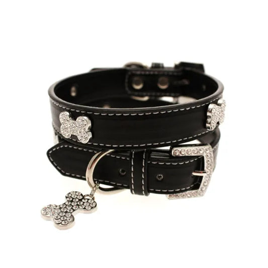 Black Leather Diamante Bones Dog Collar with Charm - Urban Pup - 1