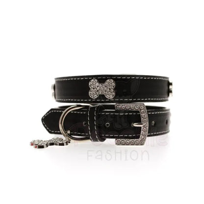 Black Leather Diamante Bones Dog Collar with Charm - Urban Pup - 6