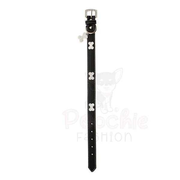 Black Leather Diamante Bones Dog Collar with Charm - Urban Pup - 2