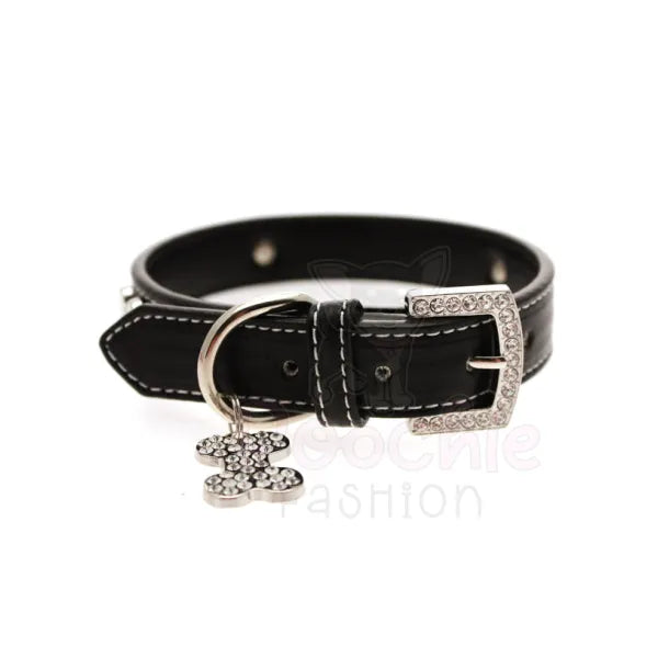 Black Leather Diamante Bones Dog Collar with Charm - Urban Pup - 5