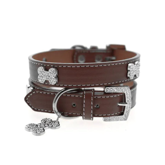 Brown Leather Diamante Bones Dog Collar with Charm - Urban Pup - 1