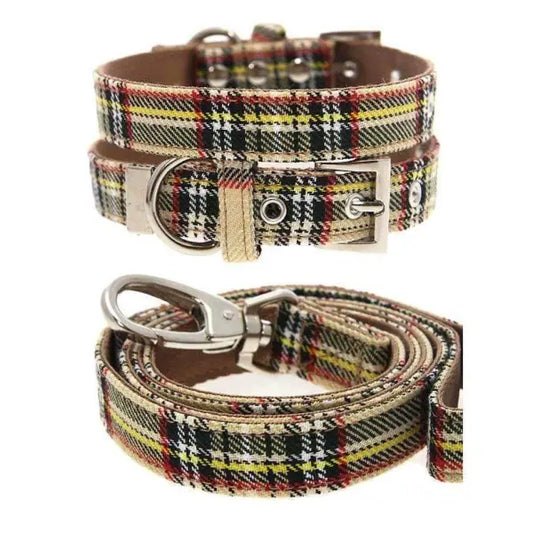 Brown Tartan Designer Fabric Dog Collar and Lead Set - Urban - 1