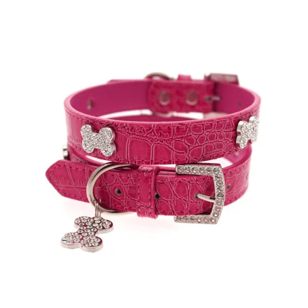 Hot Pink Leather Diamante Bones Dog Collar with Charm - Urban Pup - 1