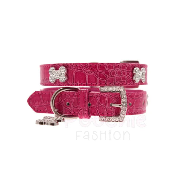 Hot Pink Leather Diamante Bones Dog Collar with Charm - Urban Pup - 6