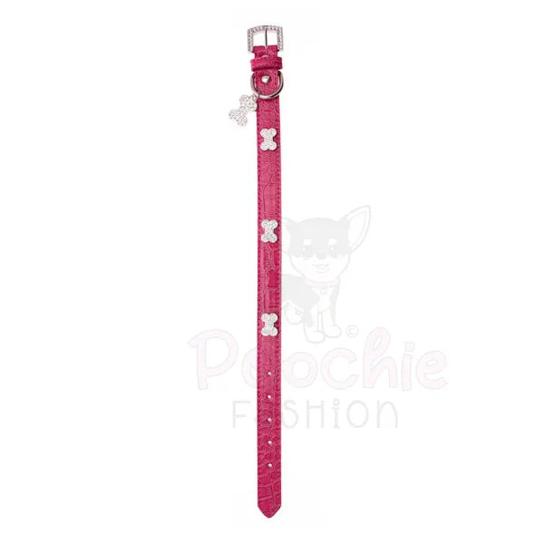 Hot Pink Leather Diamante Bones Dog Collar with Charm - Urban Pup - 2