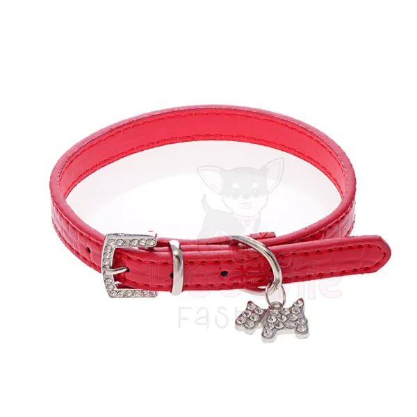 Mock Croc Rhinestone Charm Dog Collar in Red - Posh Pawz - 2