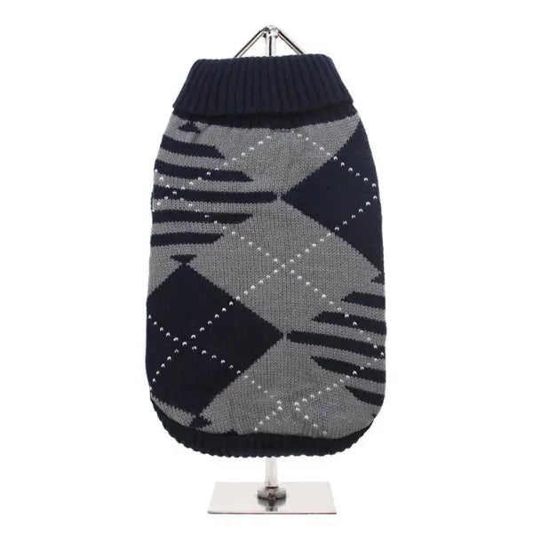 Navy Blue and Grey Diamond Knit Dog Jumper - Urban Pup - 1