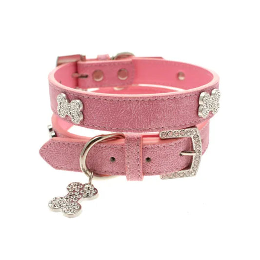 Pink Leather Diamante Bones Dog Collar with Charm - Urban Pup - 1