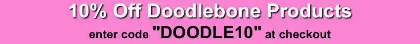 Pink promotional banner advertising 10% off Doodlebone products with discount code ’DOODLE10’’.