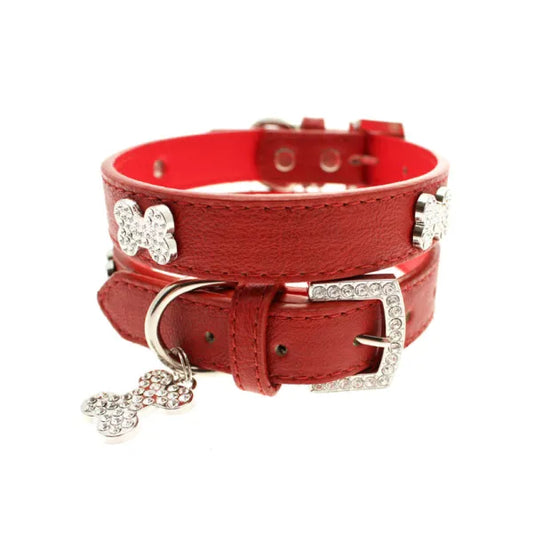 Red Leather Diamante Bones Dog Collar with Charm - Urban Pup - 1